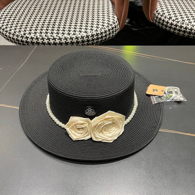 CHANEL 26S PEARL & ROSETTE STRAW BOATER HAT 337934