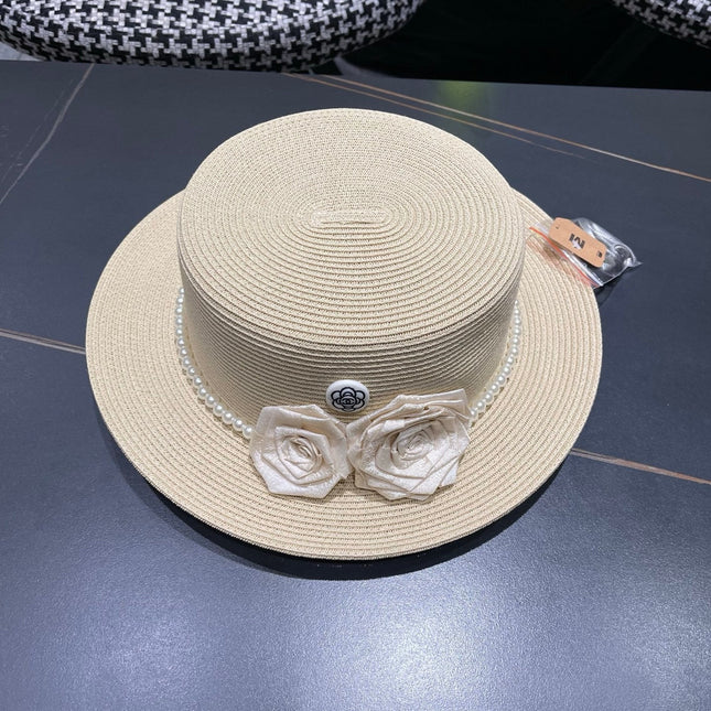 CHANEL 26S PEARL & ROSETTE STRAW BOATER HAT 337933
