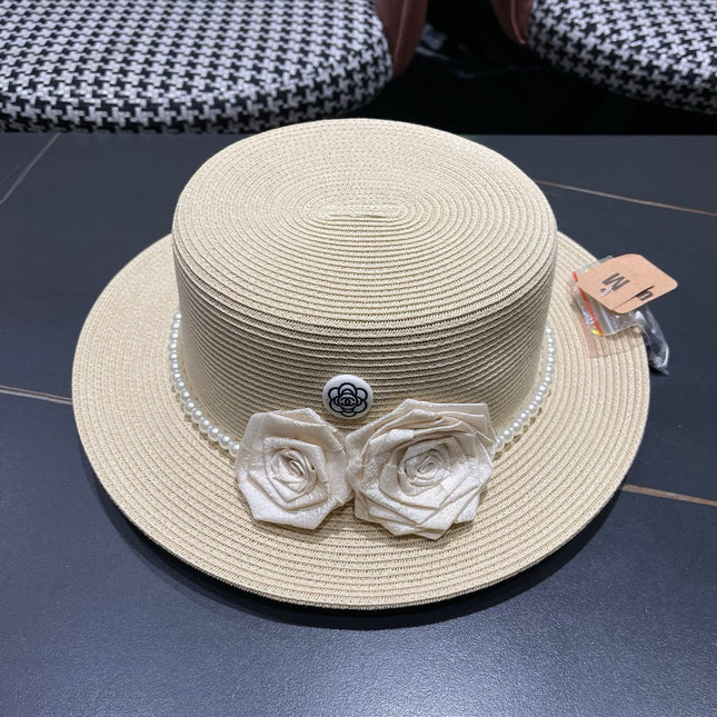 CHANEL 26S PEARL & ROSETTE STRAW BOATER HAT 337933