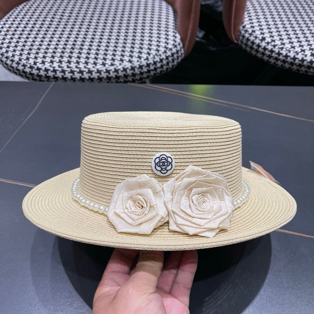 CHANEL 26S PEARL & ROSETTE STRAW BOATER HAT 337933
