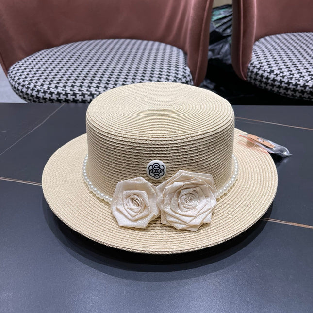 CHANEL 26S PEARL & ROSETTE STRAW BOATER HAT 337933