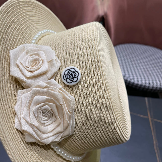 CHANEL 26S PEARL & ROSETTE STRAW BOATER HAT 337933