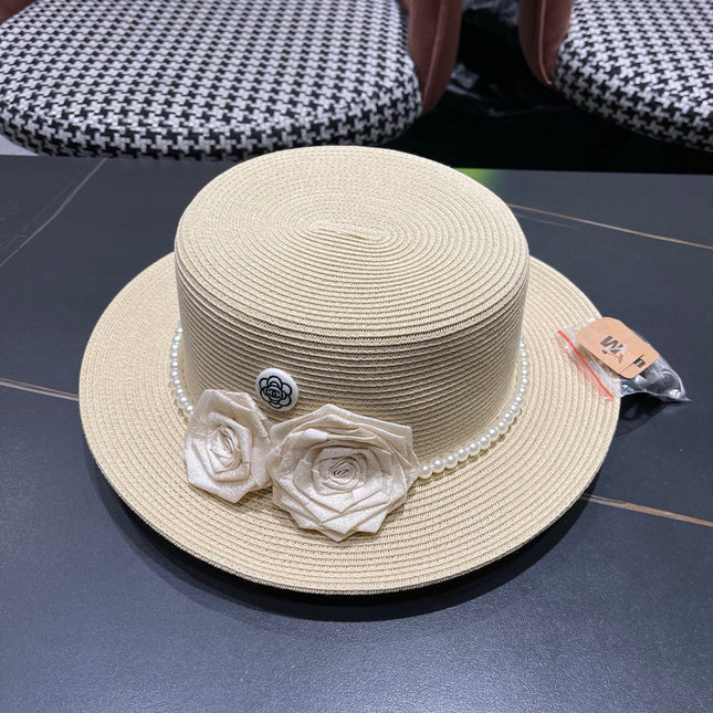 CHANEL 26S PEARL & ROSETTE STRAW BOATER HAT 337933