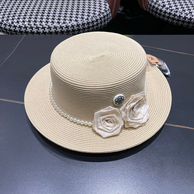 CHANEL 26S PEARL & ROSETTE STRAW BOATER HAT 337933