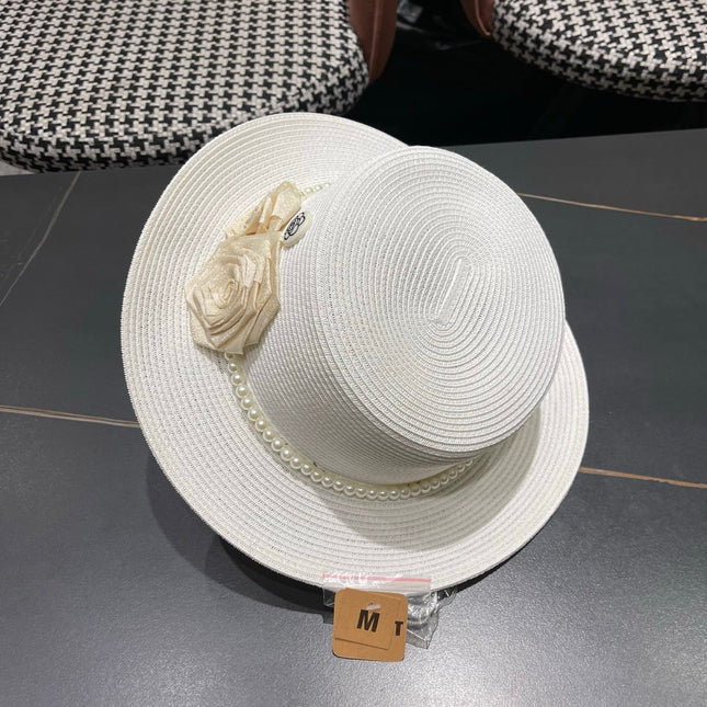 CHANEL 26S PEARL & ROSETTE STRAW BOATER HAT 337935
