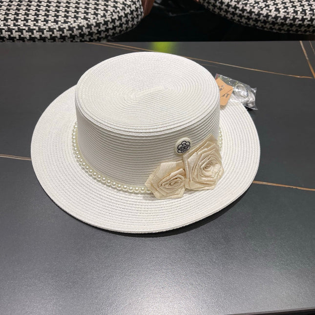 CHANEL 26S PEARL & ROSETTE STRAW BOATER HAT 337935