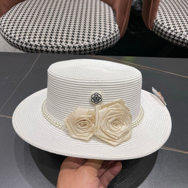 CHANEL 26S PEARL & ROSETTE STRAW BOATER HAT 337935