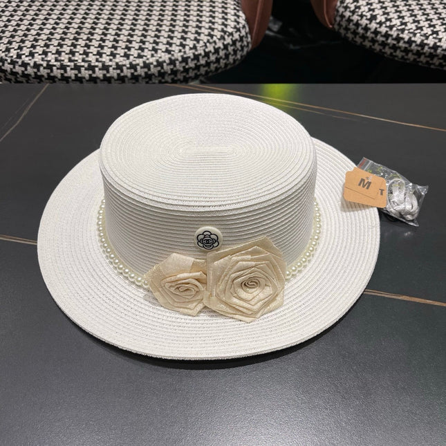 CHANEL 26S PEARL & ROSETTE STRAW BOATER HAT 337935