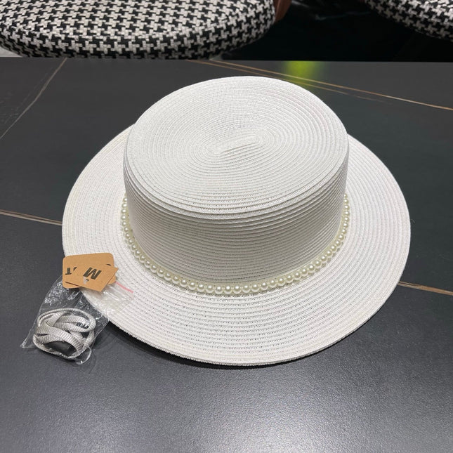 CHANEL 26S PEARL & ROSETTE STRAW BOATER HAT 337935