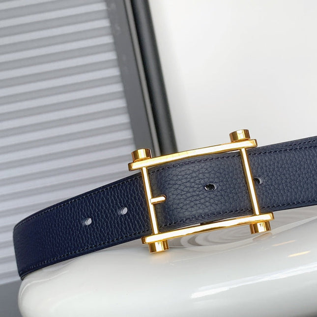 HM REVERSIBLE NAVY BLUE LEATHER STRAP 32 MM GOLD HARDWARE