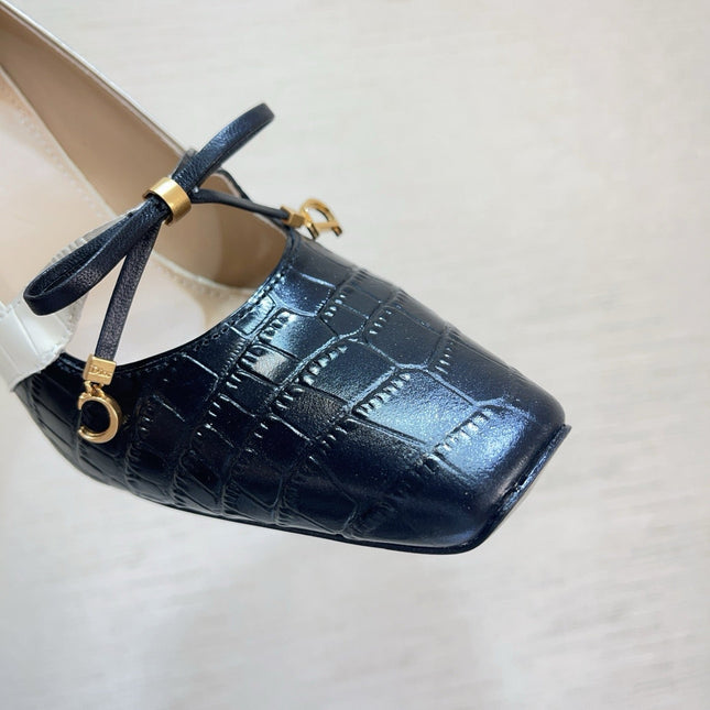 DIOR 26S HIGH HEELS IN BLACK MIX WHITE CROC-EMBOSSED CALFSKIN WITH CHARMS