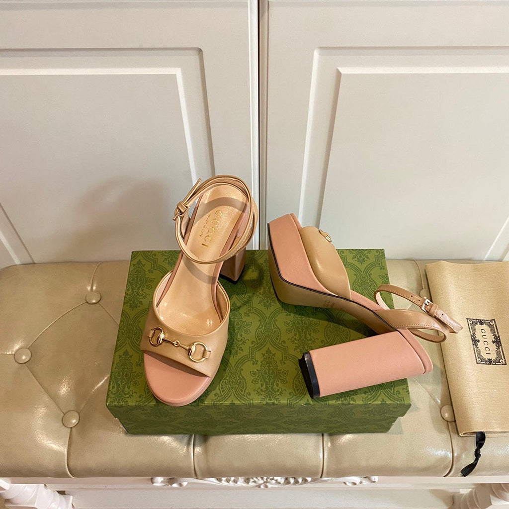 GG HORSEBIT PLATFORM SANDAL IN WHEAT BEIGE MIX LIGHT PINK SHEEPSKIN