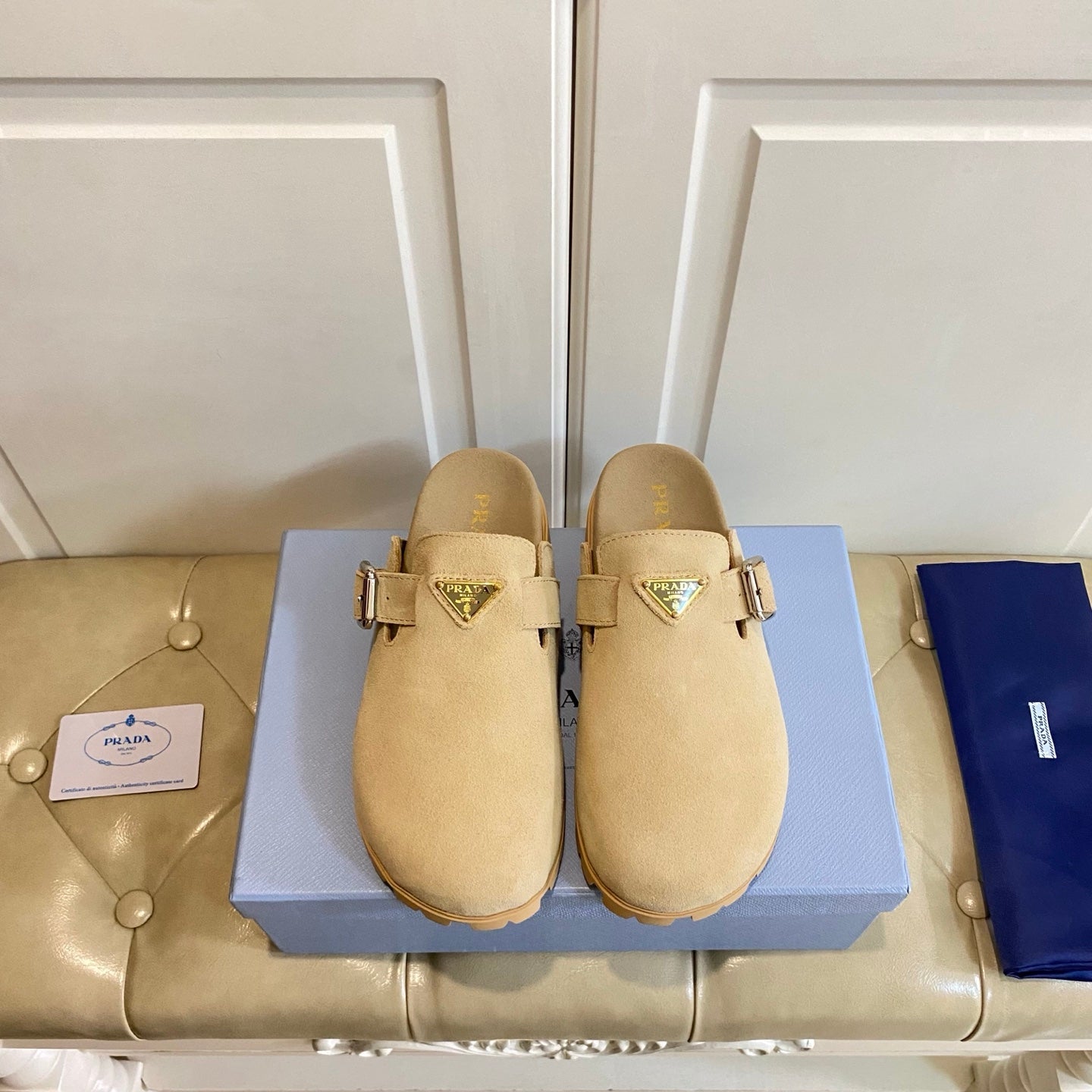 PRADA 26S BUCKLE CLOG SANDALS CHUNKY SOLE IN BEIGE SUEDE