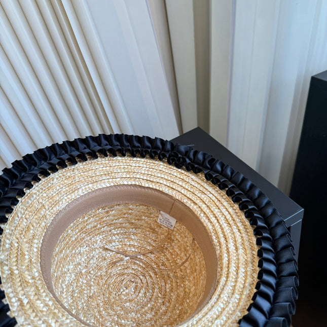 CHANEL 26S BOATER STRAW HAT WITH BLACK CC LOGO 337952