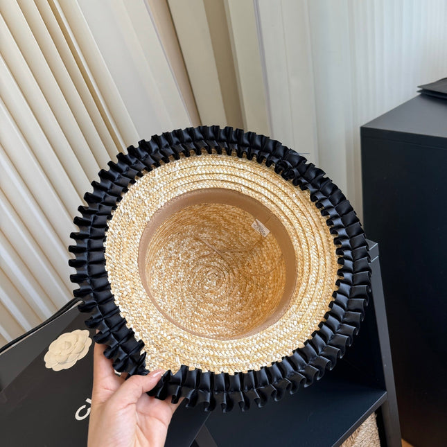 CHANEL 26S BOATER STRAW HAT WITH BLACK CC LOGO 337952