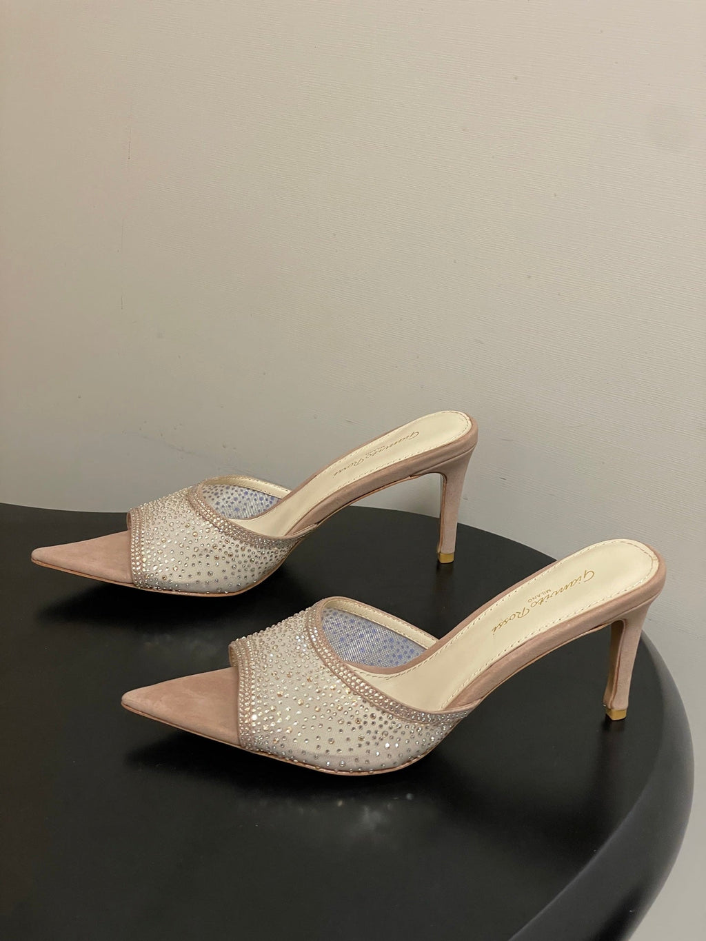 GIANVITO ROSSI 26S HIGH HEELS 85 MM IN NUDE BEIGE SUEDE WITH RHINESTONE STRAP