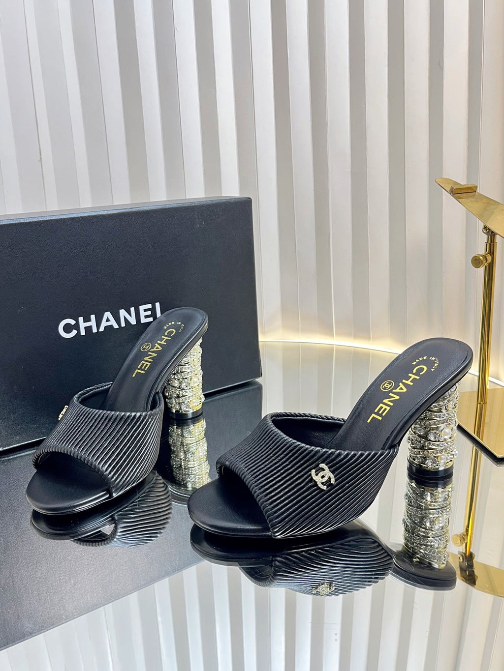 CHANEL 26S EMBELLISHED HEELED SANDALS 80 MM IN BLACK LAMBSKIN