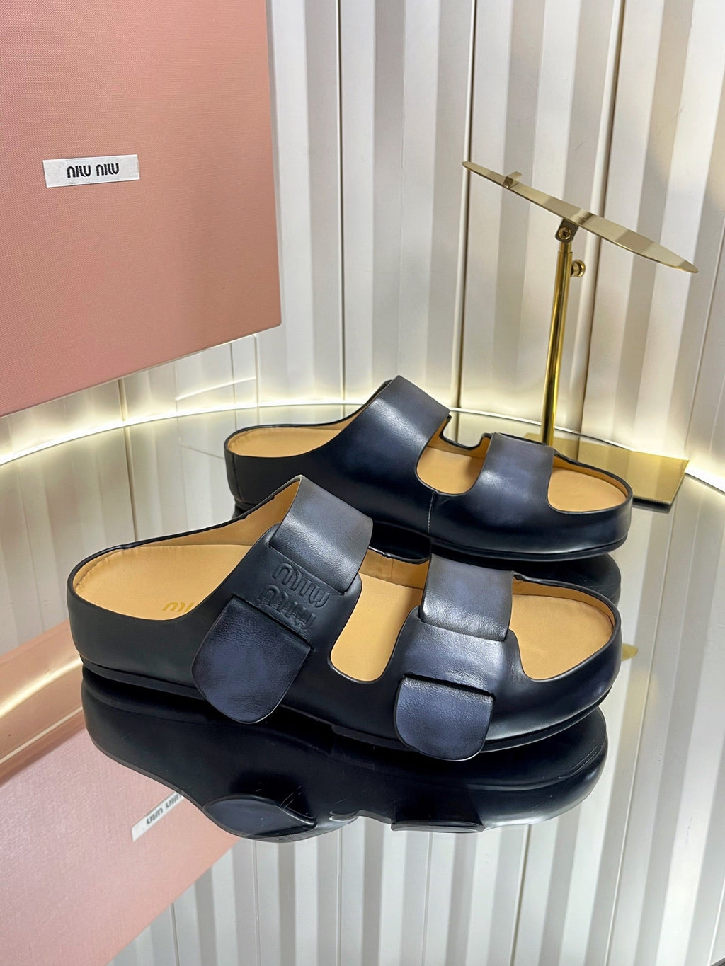 MIUMIU 26S DOUBLE-STRAP SLIDES IN BLACK CALFSKIN
