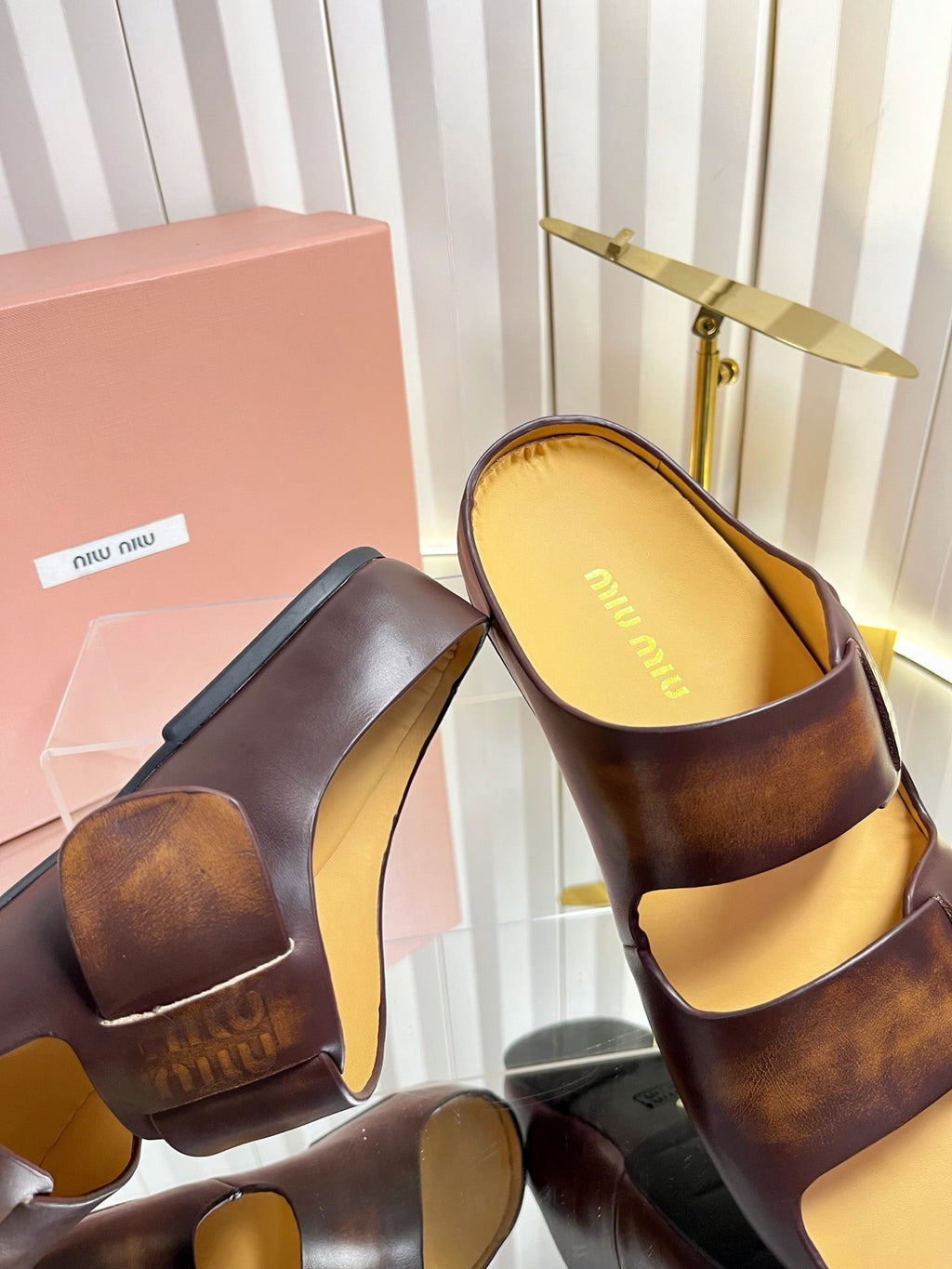MIUMIU 26S DOUBLE-STRAP SLIDES IN CARAMEL BROWN CALFSKIN