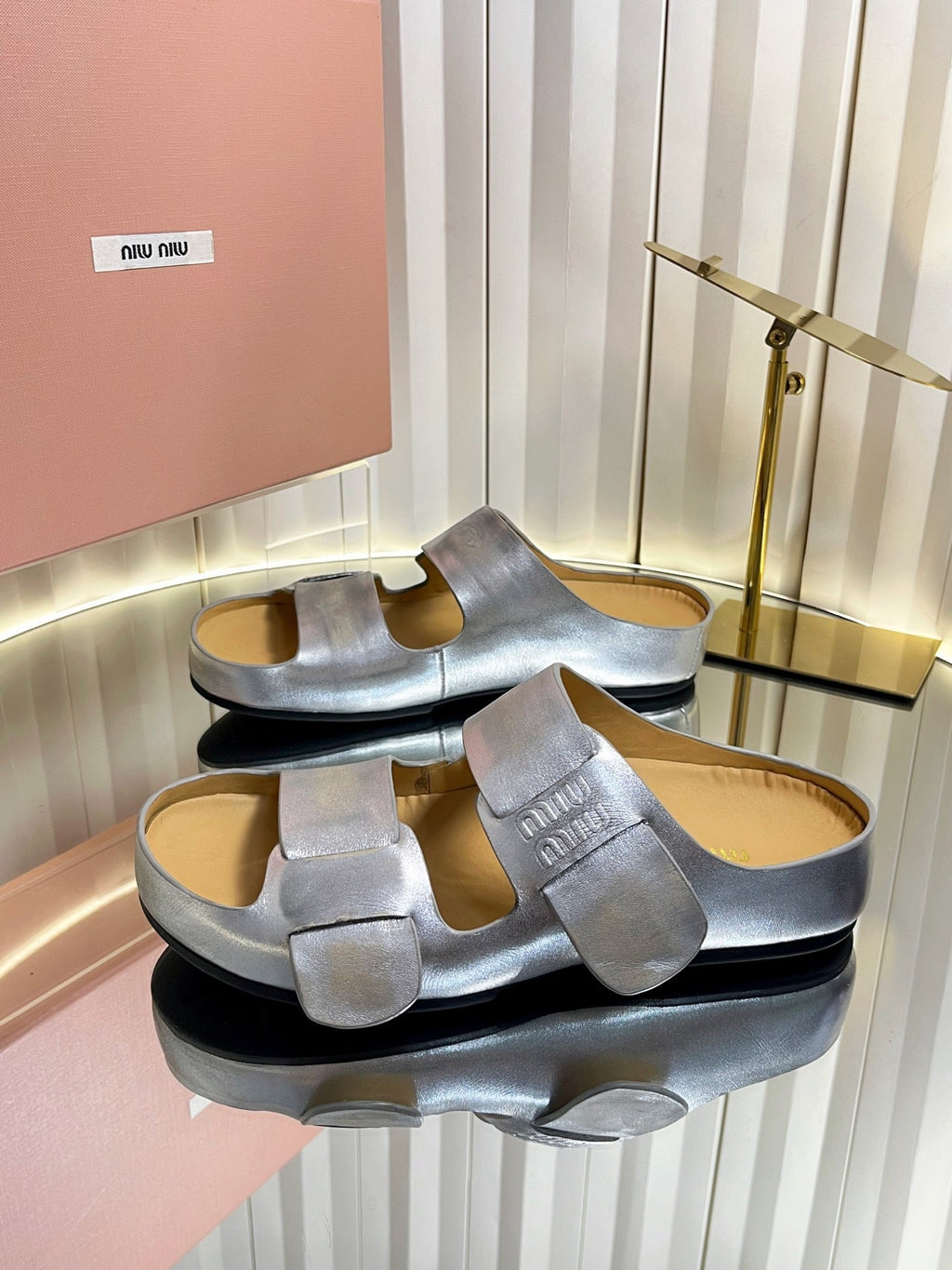 MIUMIU 26S DOUBLE-STRAP SLIDES IN SILVER CALFSKIN