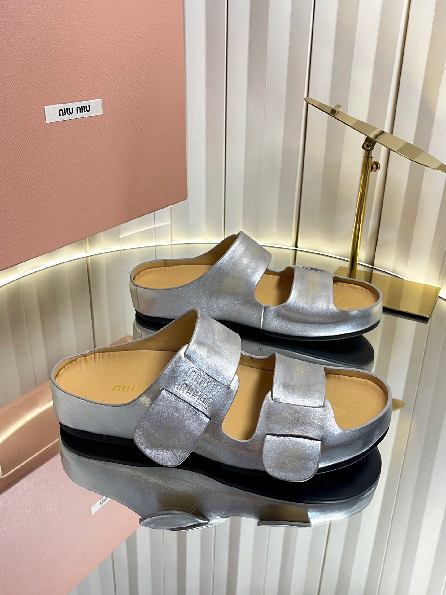 MIUMIU 26S DOUBLE-STRAP SLIDES IN SILVER CALFSKIN
