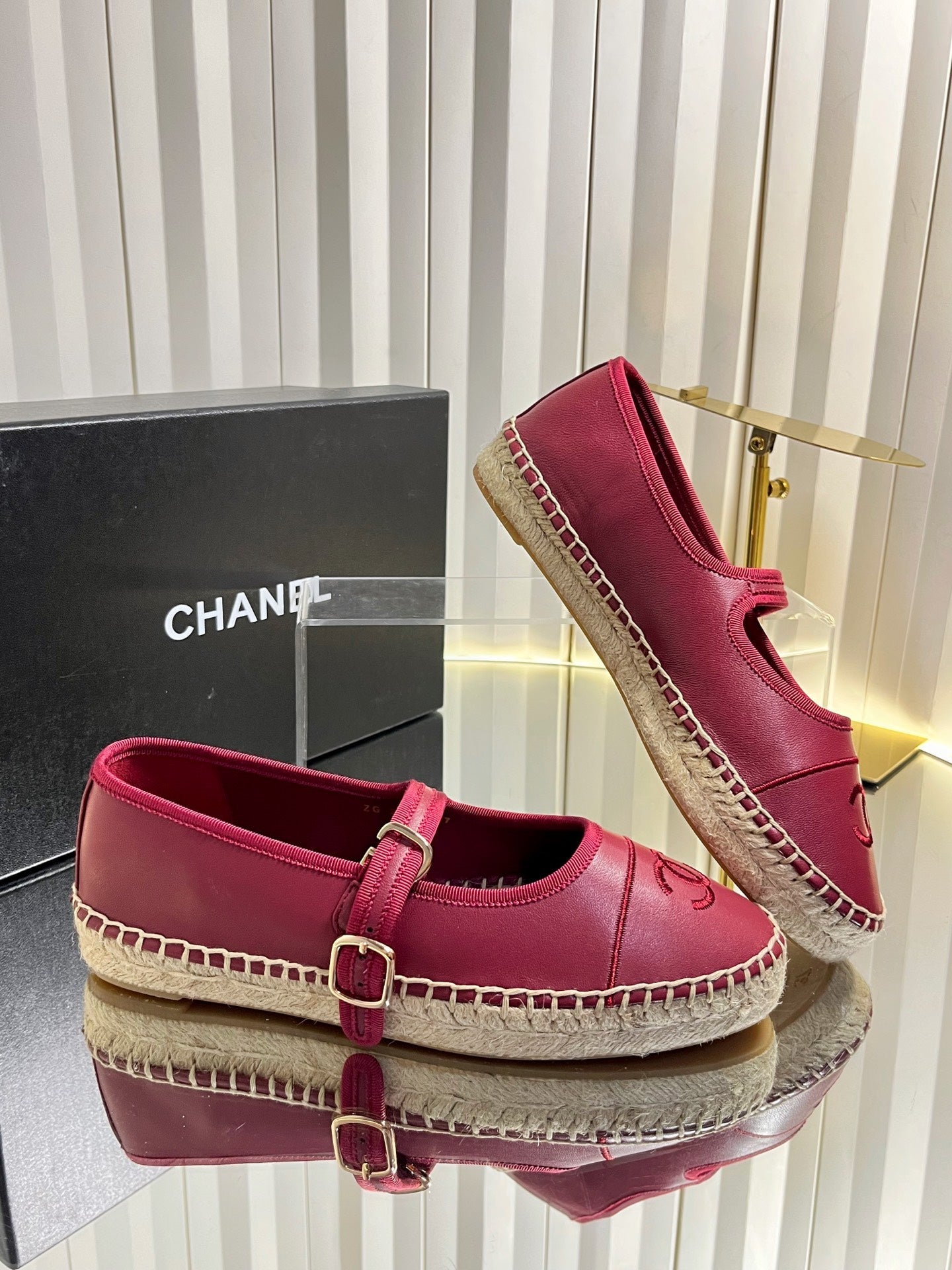 CHANEL 26S ESPADRILLE MARY JANE SHOES IN DARK RED LAMBSKIN