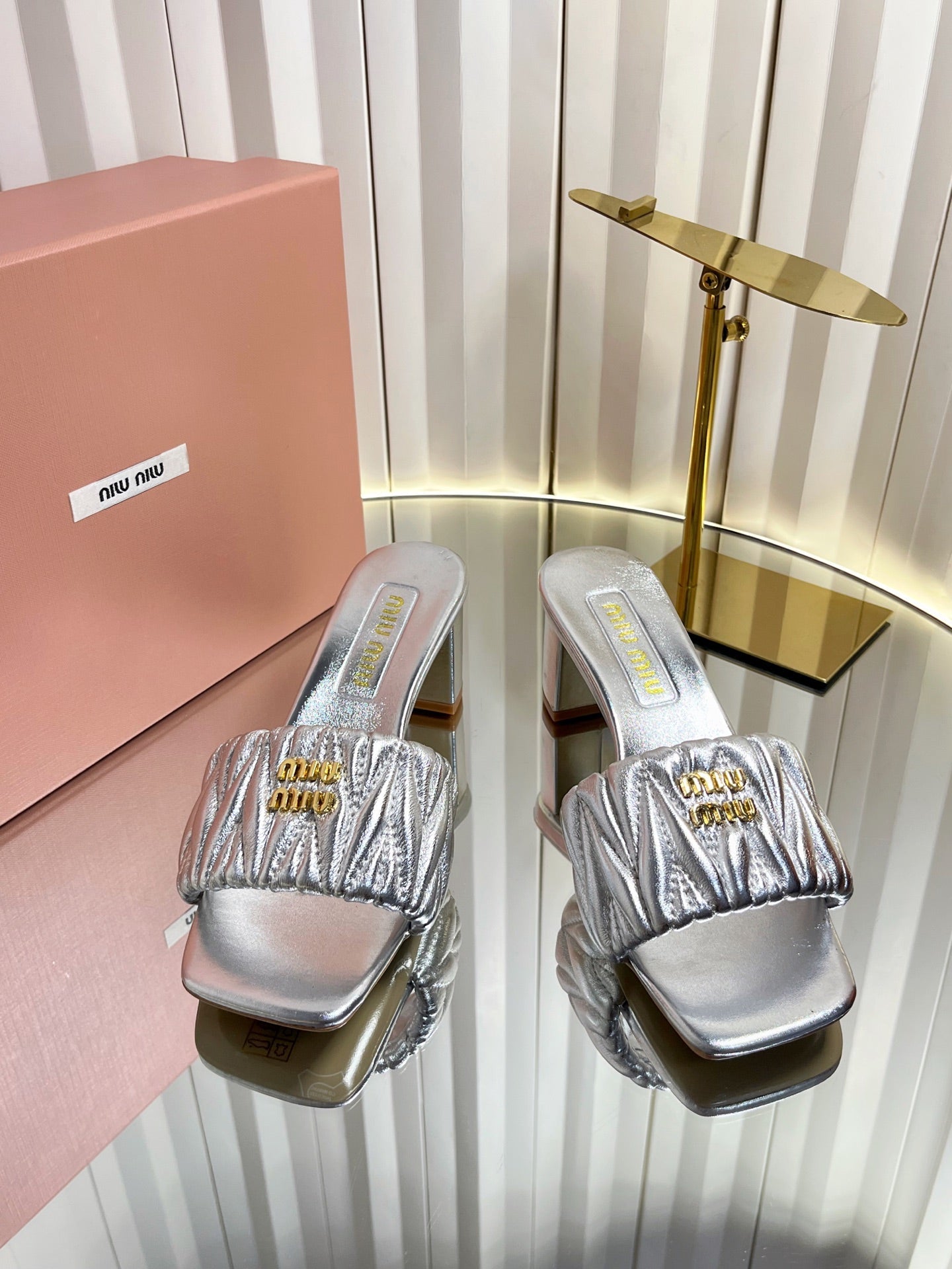 MIUMIU 26S PADDED MATELASSE MULE HEELS 65MM IN SILVER CALFSKIN GOLD HARDWARE