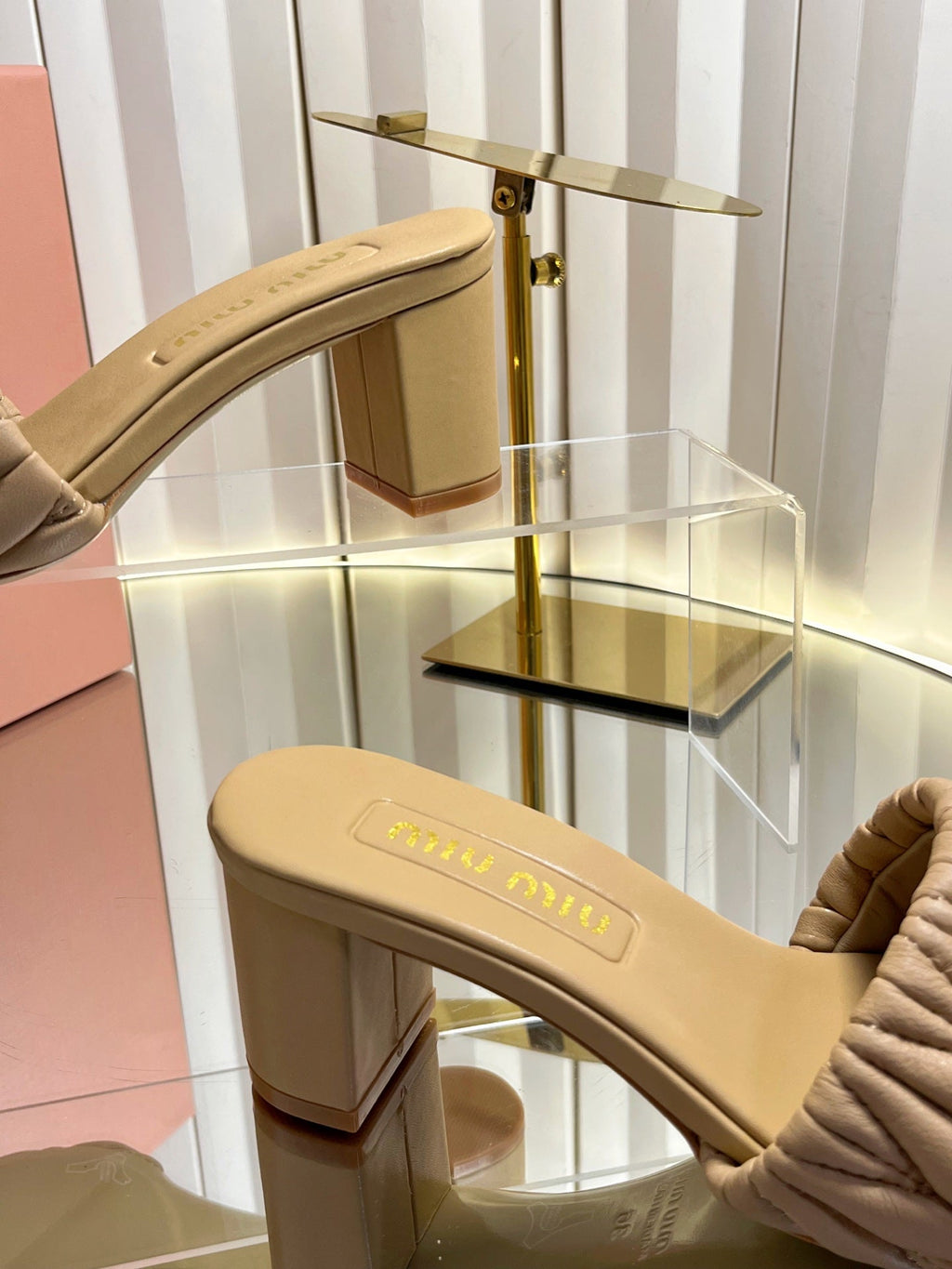 MIUMIU 26S PADDED MATELASSE MULE HEELS 65MM IN BEIGE CALFSKIN GOLD HARDWARE