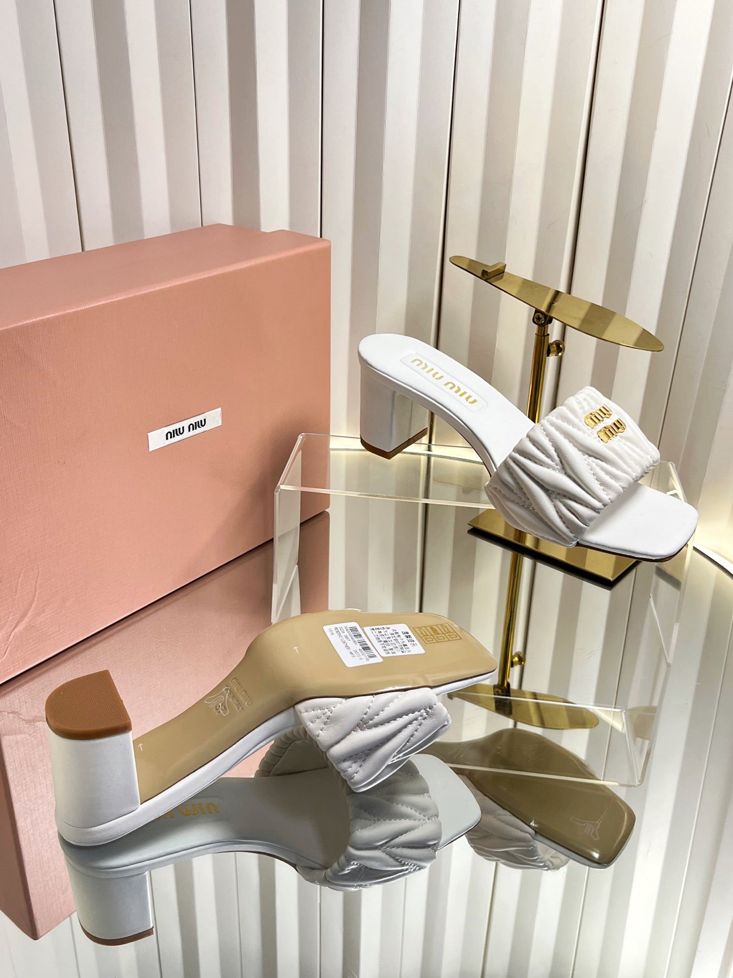 MIUMIU 26S PADDED MATELASSE MULE HEELS 65MM IN WHITE CALFSKIN GOLD HARDWARE