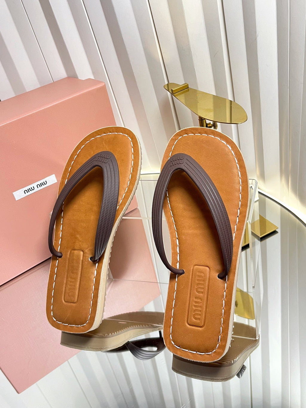 MIUMIU 26S THONG FLAT SANDALS IN DARK BROWN CALFSKIN