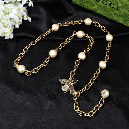 GUCCI 26S BEE PEARL CHAIN NECKLACE IN GOLD TONE METAL 615893