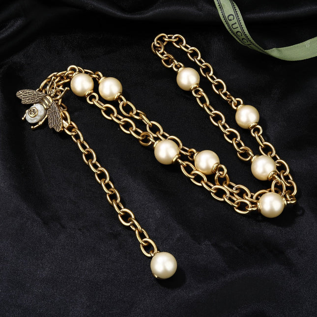 GUCCI 26S BEE PEARL CHAIN NECKLACE IN GOLD TONE METAL 615893