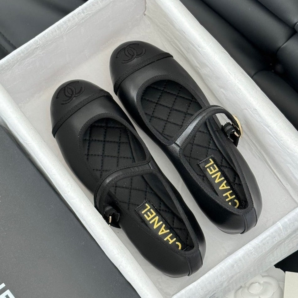 Double C Marry Jane Shoes Black Lambskin