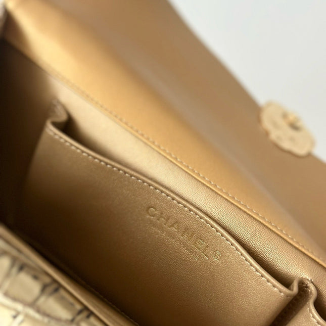 CHANEL 25S CLUTCH 30 IN METALLIC GOLD CROCODILE-EMBOSSED CALFSKIN