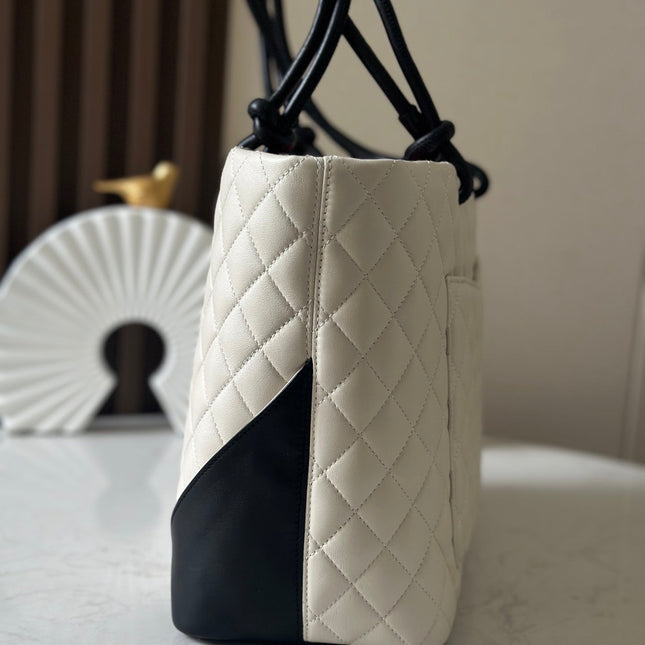 CHANEL 25S CAMBON LIGNE TOTE BAG 30 IN WHITE MIX BLACK CALFSKIN