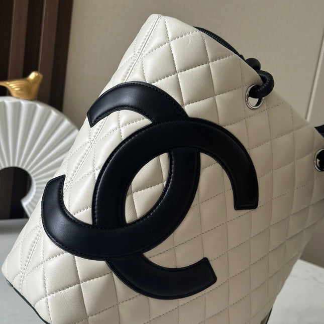 CHANEL 25S CAMBON LIGNE TOTE BAG 24 IN WHITE MIX BLACK CALFSKIN