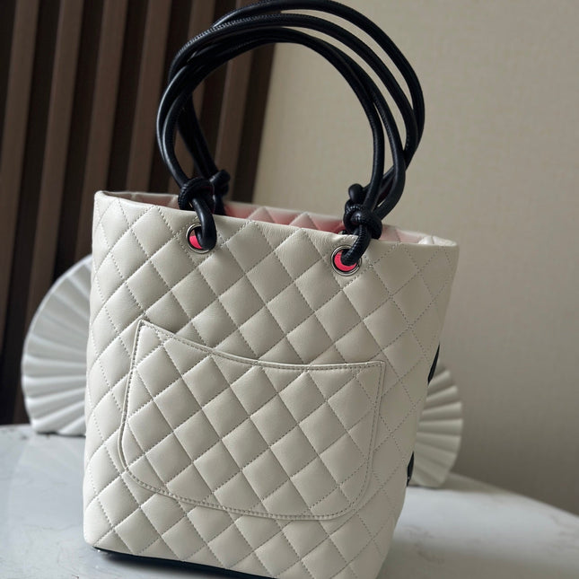 CHANEL 25S CAMBON LIGNE TOTE BAG 24 IN WHITE MIX BLACK CALFSKIN
