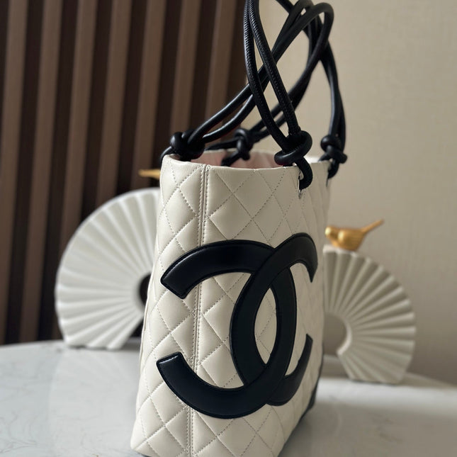 CHANEL 25S CAMBON LIGNE TOTE BAG 24 IN WHITE MIX BLACK CALFSKIN