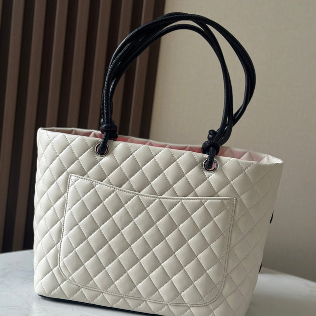 CHANEL 25S CAMBON LIGNE TOTE BAG 30 IN WHITE MIX BLACK CALFSKIN