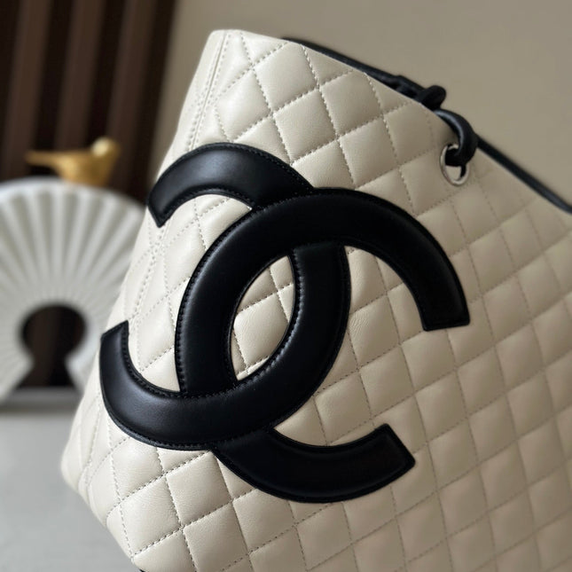 CHANEL 25S CAMBON LIGNE TOTE BAG 30 IN WHITE MIX BLACK CALFSKIN