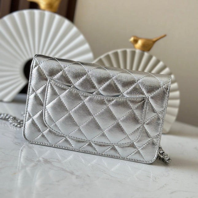 CHANEL 25S WALLET ON CHAIN 19 IN SILVER LAMBSKIN