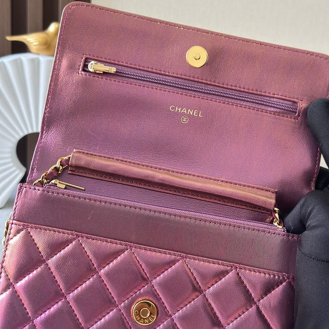 CHANEL 25S WALLET ON CHAIN 19 IN METALLIC PURPLE LAMBSKIN