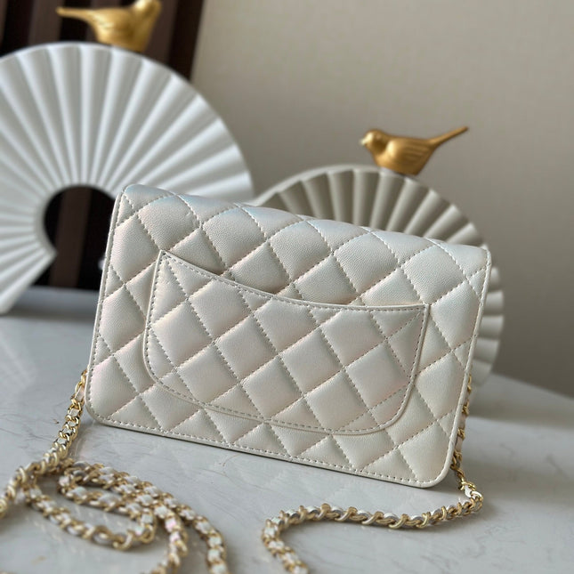CHANEL 25S WALLET ON CHAIN 19 IN PEARL WHITE LAMBSKIN