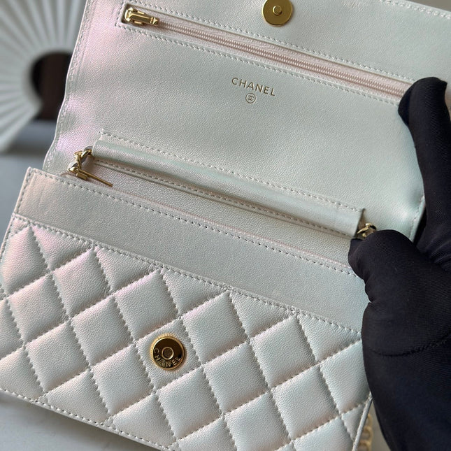 CHANEL 25S WALLET ON CHAIN 19 IN PEARL WHITE LAMBSKIN