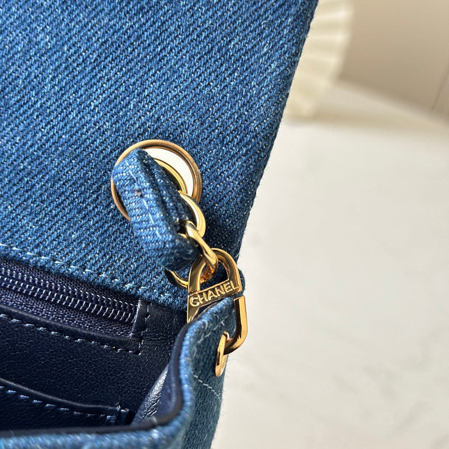 CHANEL 25S MINI FLAP BAG 18 IN BLUE DENIM WITH GOLD HARDWARE