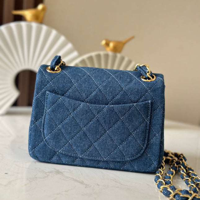 CHANEL 25S MINI FLAP BAG 18 IN BLUE DENIM WITH GOLD HARDWARE