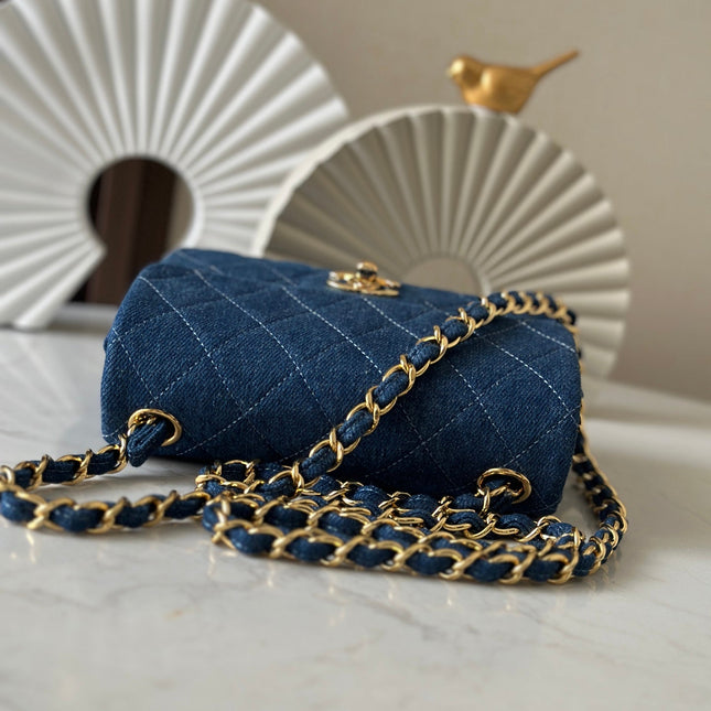 CHANEL 25S MINI FLAP BAG 18 IN BLUE DENIM WITH GOLD HARDWARE