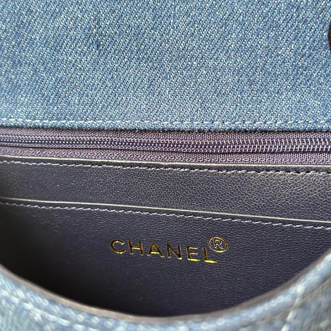CHANEL 25S MINI FLAP BAG 18 IN BLUE DENIM WITH GOLD HARDWARE