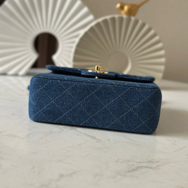 CHANEL 25S MINI FLAP BAG 18 IN BLUE DENIM WITH GOLD HARDWARE