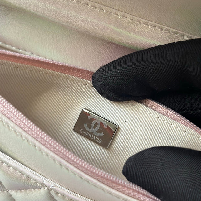CHANEL 25S WALLET ON CHAIN 19 IN PEARLESCENT PINK WHITE LAMBSKIN
